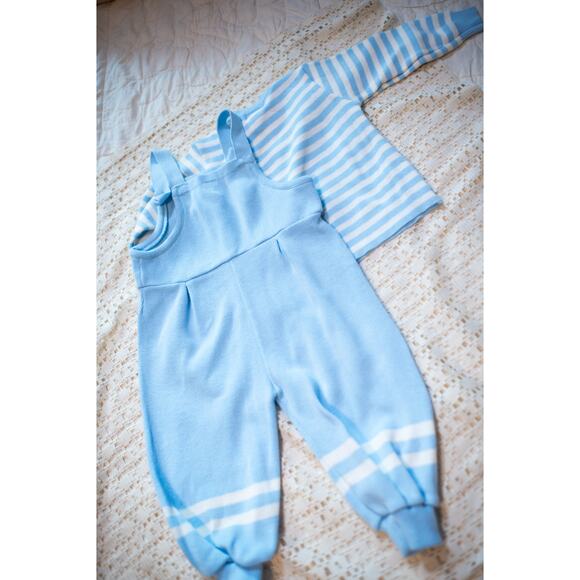 Vintage 90s Baby Boy Overalls, Light Blue Knit Football Baseball, Toddler 24 Mo - Picture 3 of 15